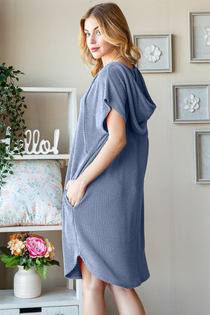 Ribbed Short Sleeve Hooded Dress Vintage Denim