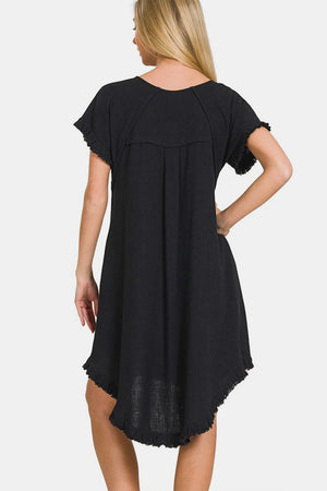 Zenana Fringe Edge High Low Flowy Dress with Pockets Black