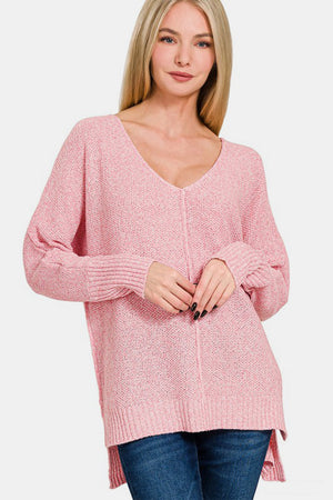 Zenana High-Low Center Seam V-Neck Sweater Pink