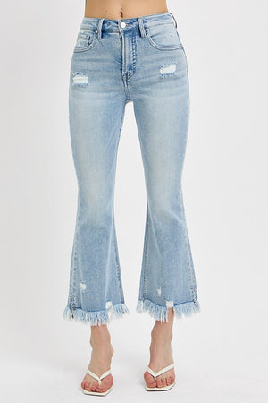 RISEN High Waist Tummy Control Distressed Cropped Flare Side Slit Long Frayed Jeans