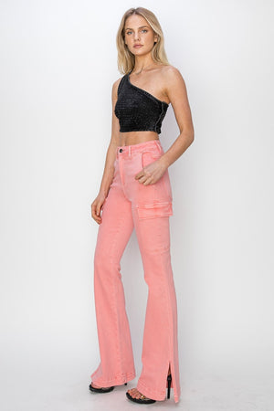 RISEN High Rise Side Slit Cargo Bootcut Jeans Flamingo