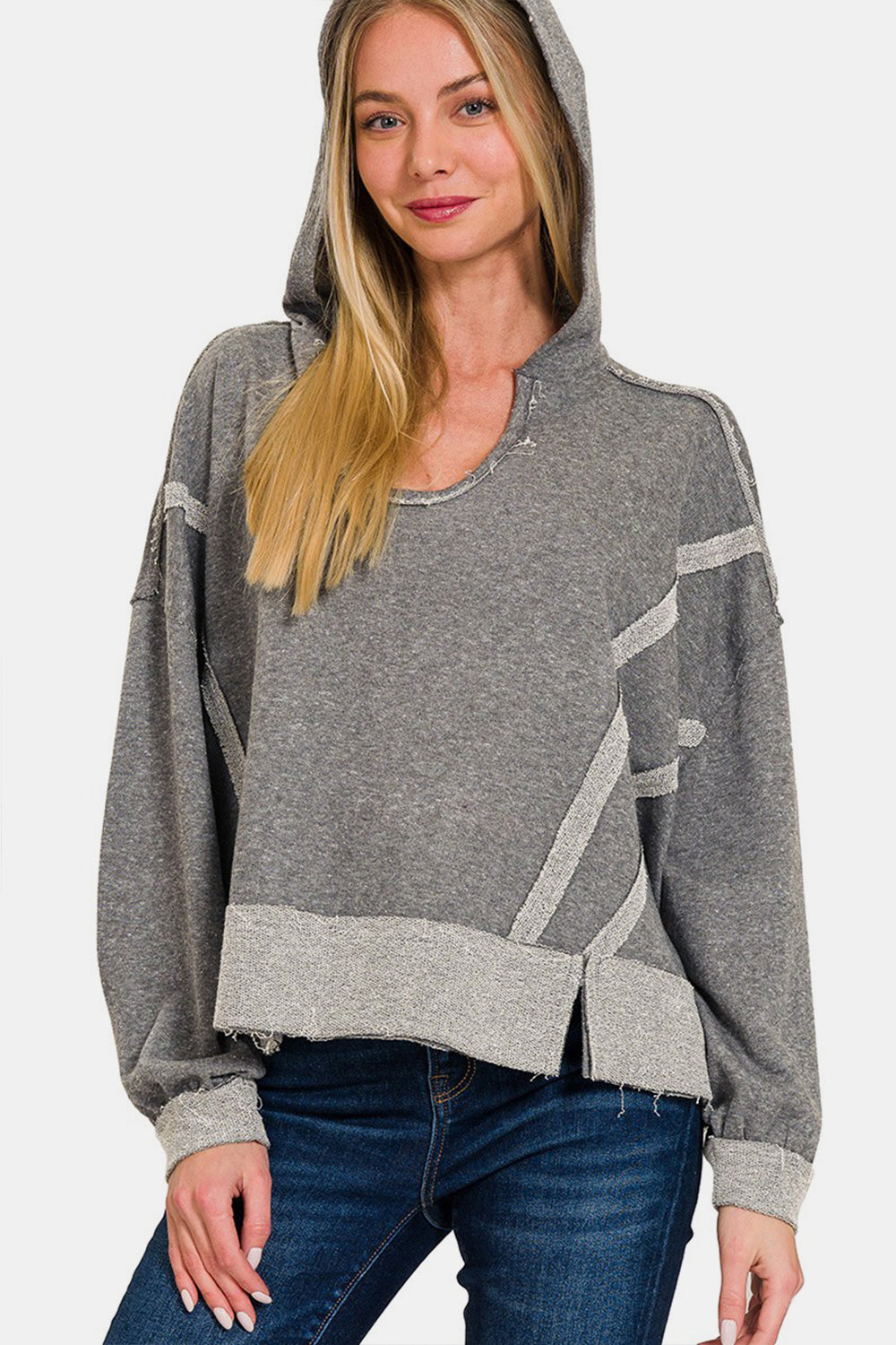 Zenana Contrast Trim Slit Hoodie Dark Gray