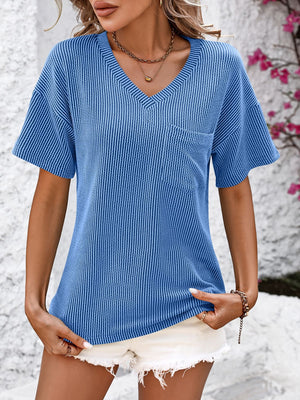 Ribbed Textured V Neck Dropped Shoulder Top in 6 colors