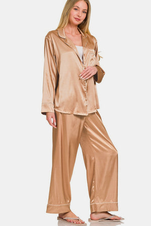 Zenana Satin Long Sleeve Shirt and Pants Pajama Set Brush