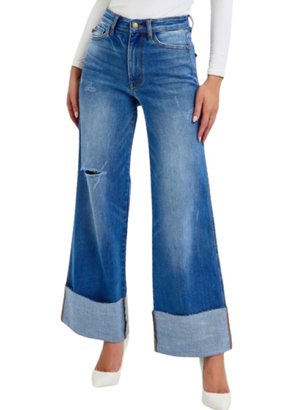 Judy Blue High Waist Distressed Retro Wide Leg Cuffed Raw Hem Jeans