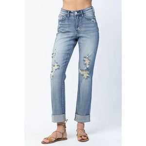 Judy Blue High Waist Double Cuff Fray Hem Distressed Boyfriend Jeans