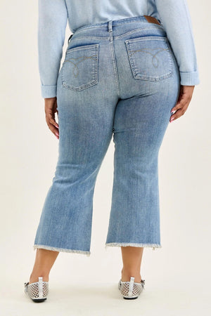 Judy Blue Mid Rise Cropped Kick Flare Jeans with Frayed Hem