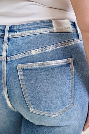 Judy Blue Mid Rise Metallic Foiled Seam Kick Flare Denim Jeans