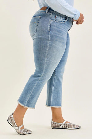Judy Blue Mid Rise Cropped Kick Flare Jeans with Frayed Hem