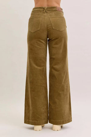 Judy Blue High Waist Olive Corduroy Retro Wide Leg Bottoms