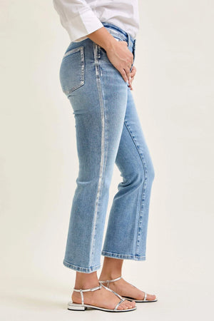 Judy Blue Mid Rise Metallic Foiled Seam Kick Flare Denim Jeans
