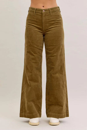 Judy Blue High Waist Olive Corduroy Retro Wide Leg Bottoms