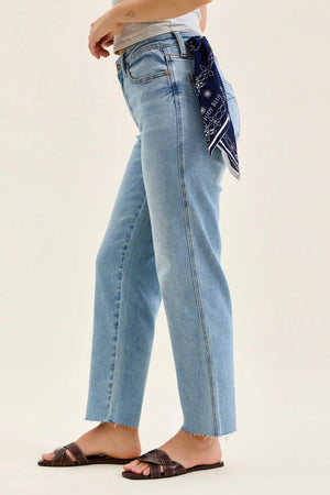 Judy Blue Mid Rise Ankle Straight w Bandana Loop Raw Hem Jeans