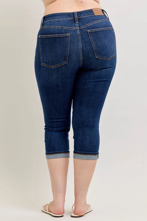 Judy Blue High Waist Dark Denim Capri with Cuff Jeans