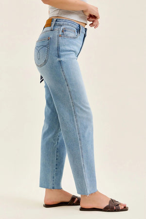 Judy Blue Mid Rise Ankle Straight w Bandana Loop Raw Hem Jeans