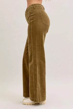 Judy Blue High Waist Olive Corduroy Retro Wide Leg Bottoms
