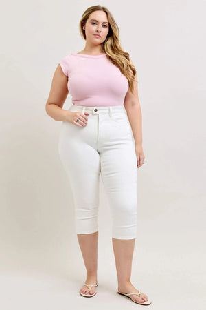 Judy Blue High Waist Tummy Control Spade Pockets White Denim Capri