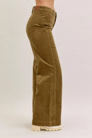 Judy Blue High Waist Olive Corduroy Retro Wide Leg Bottoms