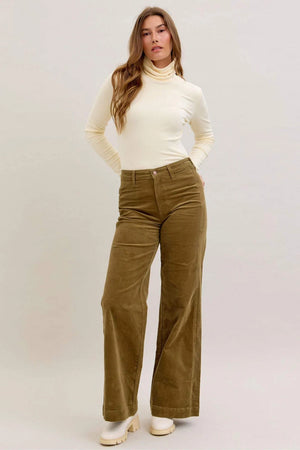 Judy Blue High Waist Olive Corduroy Retro Wide Leg Bottoms