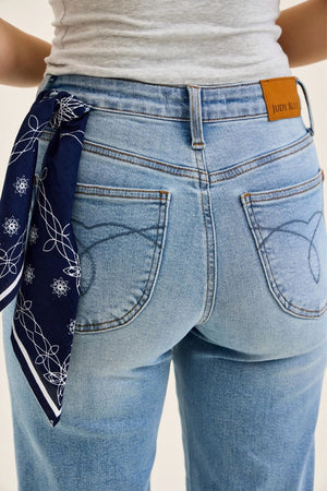 Judy Blue Mid Rise Ankle Straight w Bandana Loop Raw Hem Jeans