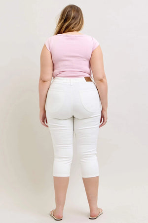 Judy Blue High Waist Tummy Control Spade Pockets White Denim Capri