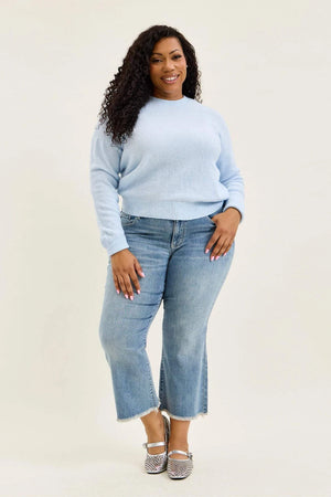 Judy Blue Mid Rise Cropped Kick Flare Jeans with Frayed Hem