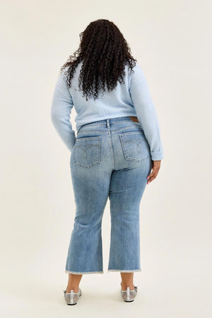 Judy Blue Mid Rise Cropped Kick Flare Jeans with Frayed Hem