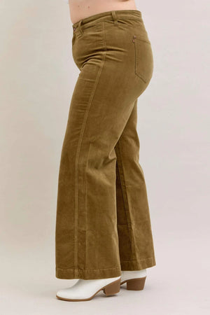 Judy Blue High Waist Olive Corduroy Retro Wide Leg Bottoms