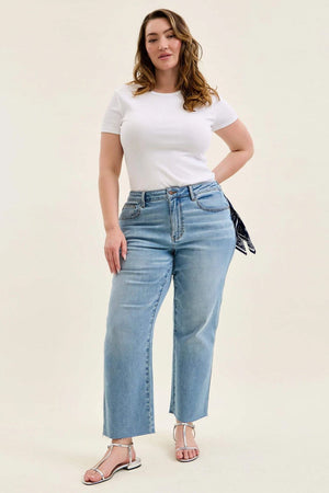 Judy Blue Mid Rise Ankle Straight w Bandana Loop Raw Hem Jeans