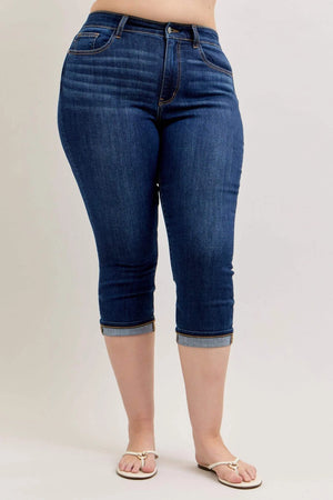 Judy Blue High Waist Dark Denim Capri with Cuff Jeans