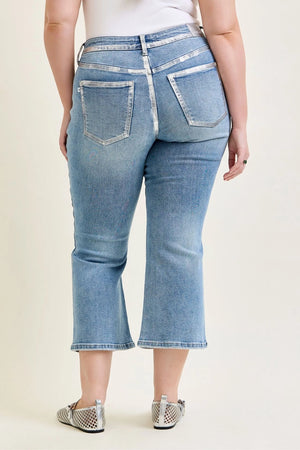 Judy Blue Mid Rise Metallic Foiled Seam Kick Flare Denim Jeans