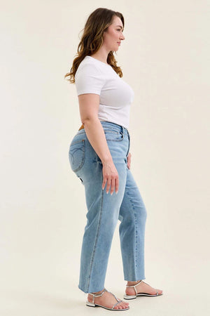 Judy Blue Mid Rise Ankle Straight w Bandana Loop Raw Hem Jeans