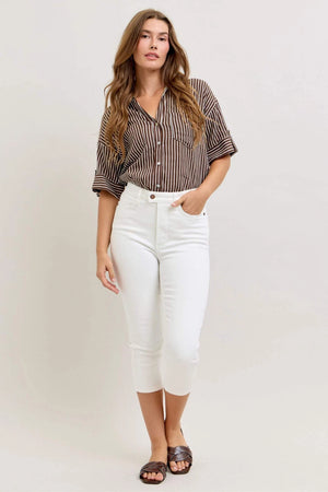 Judy Blue High Waist Tummy Control Spade Pockets White Denim Capri
