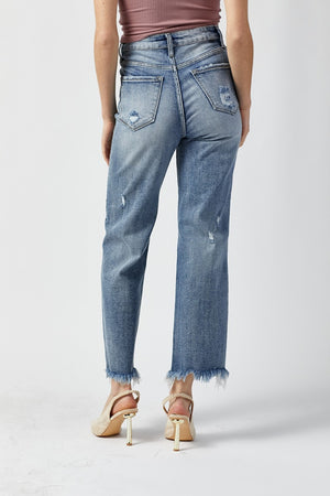 RISEN High Waist Raw Hem Vintage Wash Straight Leg Ankle Jeans