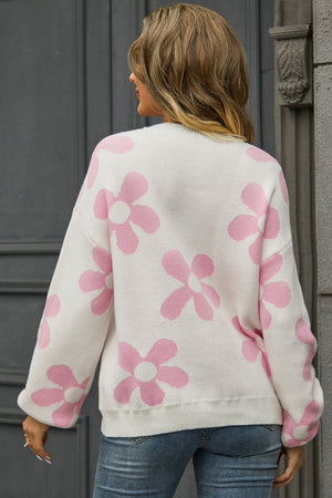 Floral Print Round Neck Dropped Shoulder Pullover Sweater - 5 colors