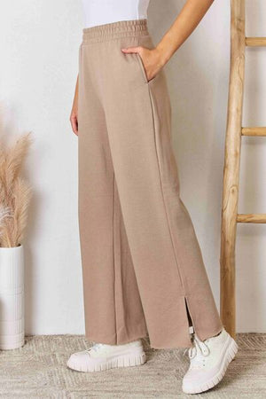 RISEN Wide Waistband Slit Wide Leg Pants in Sand