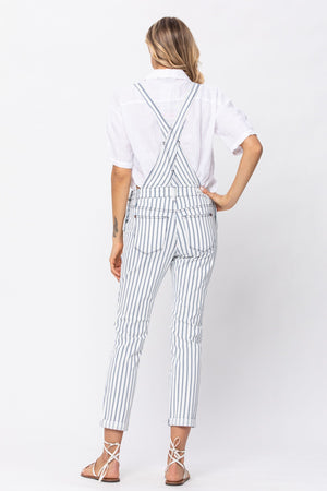 Judy Blue Mid Rise White Denim Striped Boyfriend Overall