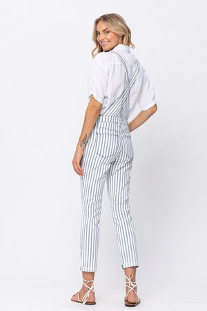 Judy Blue Mid Rise White Denim Striped Boyfriend Overall