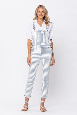 Judy Blue Mid Rise White Denim Striped Boyfriend Overall