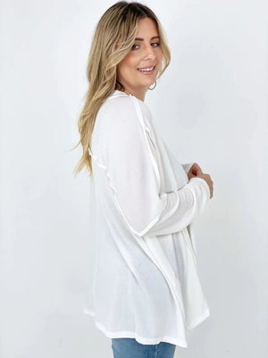 Easel Easy Breezy V-Neck Solid Long Sleeve OVERSIZED Top - White