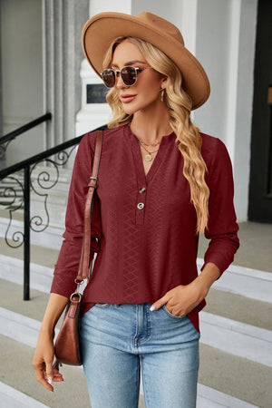 Notched Neck Textured Long Sleeve Buttoned Blouse - 8 colors