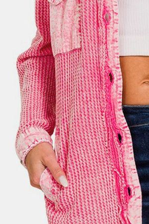 Zenana Waffle-Knit Button Up Dropped Shoulder Jacket Fuchsia