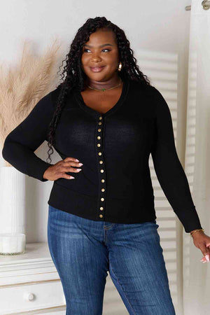 Zenana V-Neck Long Sleeve Snap Cardigan Black