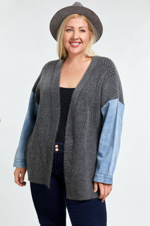 Oversize Sweater Cardigan with Denim Sleeve