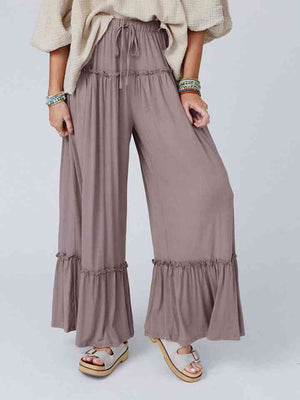 Wide Leg Ruffle Trim Pants in Dusty Purple