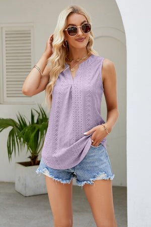 Notched Neck Curved Hem Eyelet Tank - 8 colors
