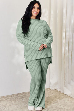 Ribbed High-Low Top and Wide Leg Pants Set - 4 colors