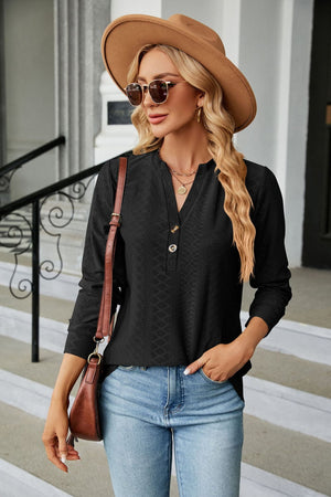 Notched Neck Textured Long Sleeve Buttoned Blouse - 8 colors