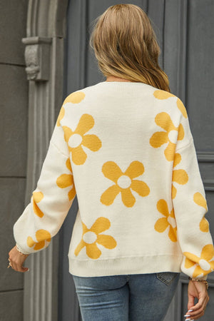 Floral Print Round Neck Dropped Shoulder Pullover Sweater - 5 colors