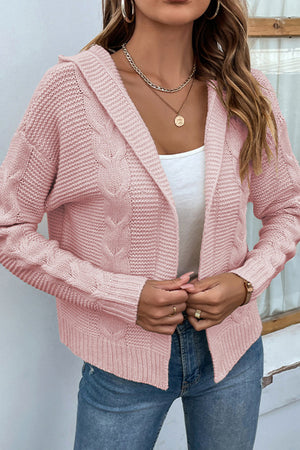 Cable Knit Dropped Shoulder Hooded Hip length Cardigan - 6 colors